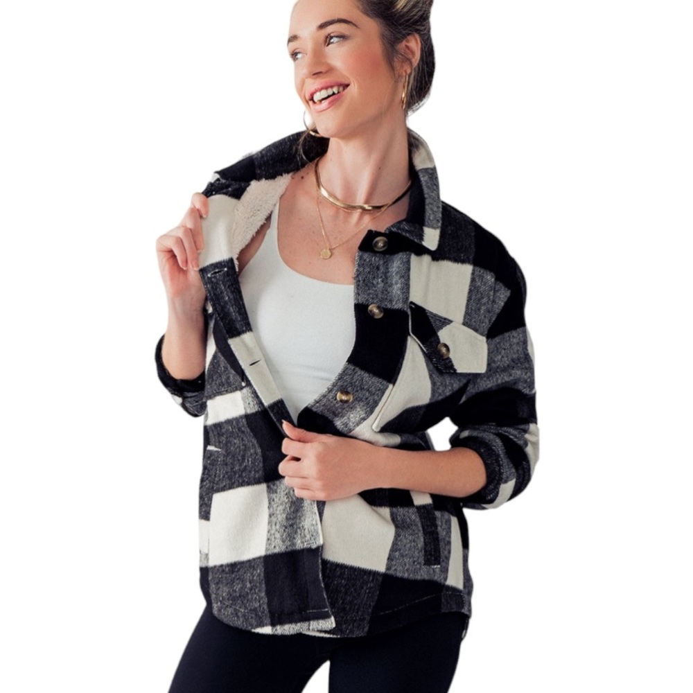 Love Tree Black and White Plaid Utility Jacket